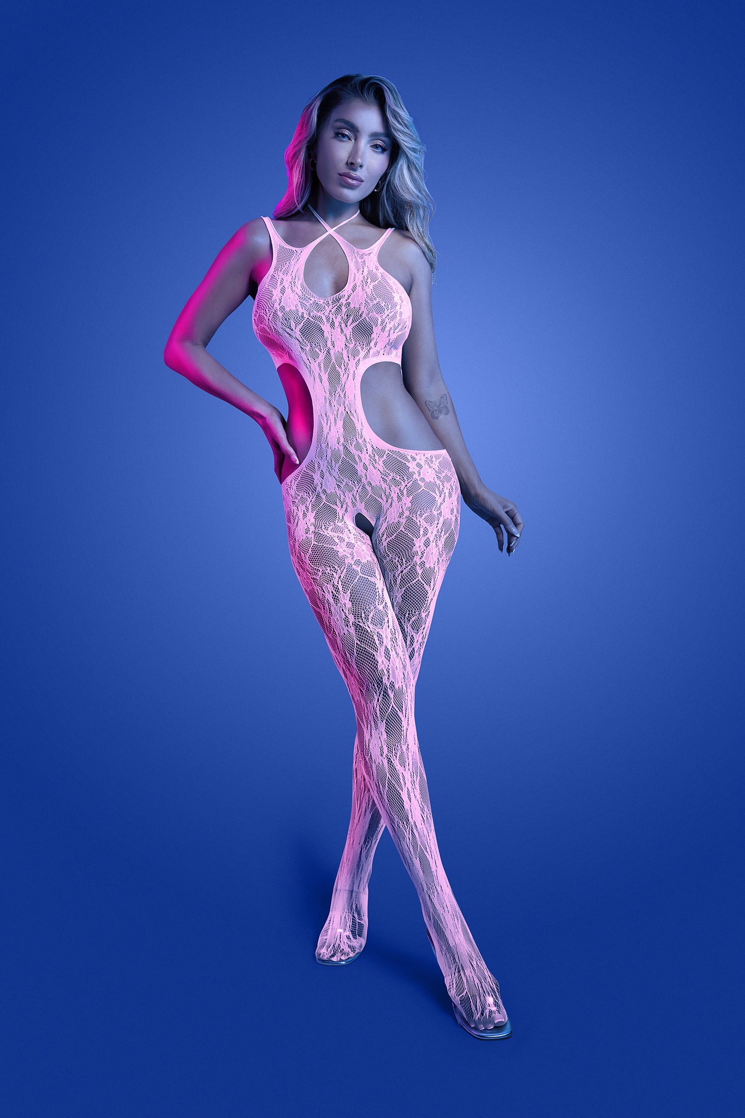 FL-GL2549 EQUILIBRIUM Glow-in-the-dark lace knit crotchless bodystocking; glows pink