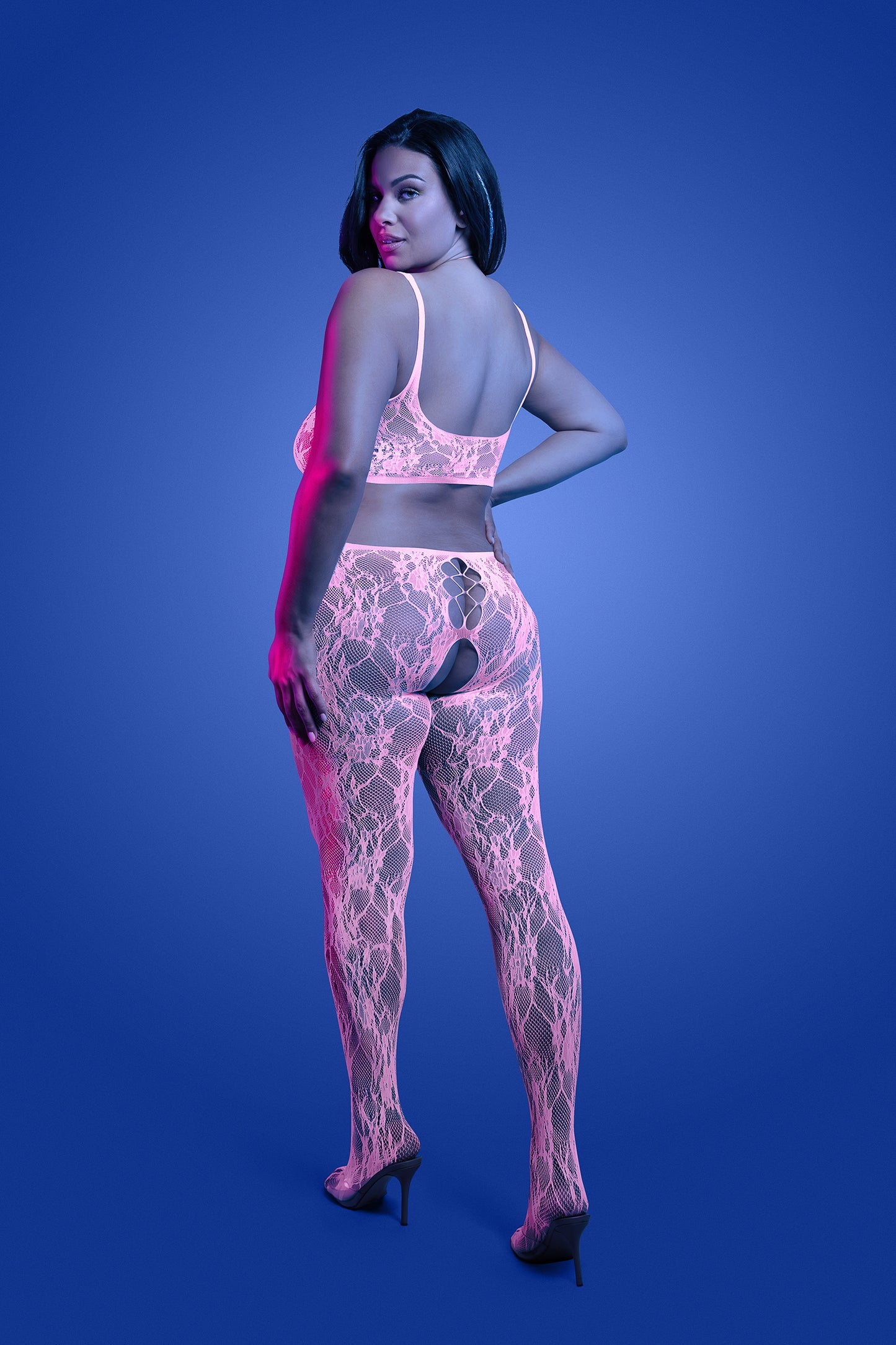 FL-GL2549 EQUILIBRIUM Glow-in-the-dark lace knit crotchless bodystocking; glows pink