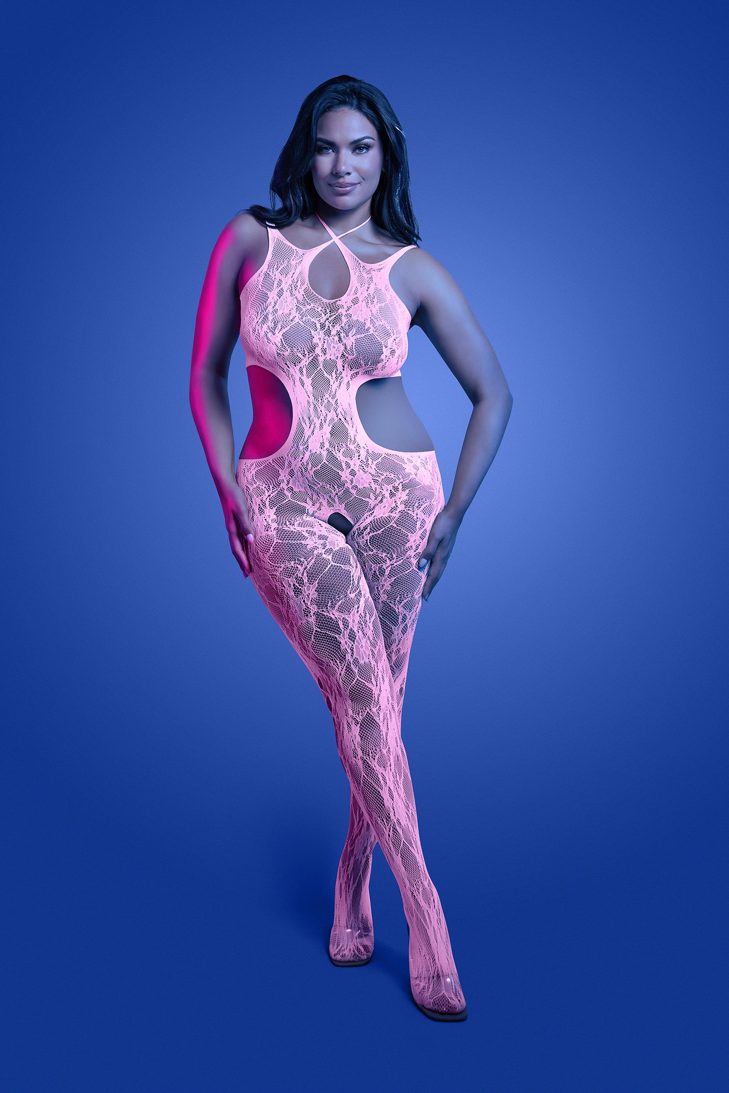 FL-GL2549 EQUILIBRIUM Glow-in-the-dark lace knit crotchless bodystocking; glows pink