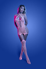 FL-GL2550 METAMORPHIC Glow-in-the-dark bodystocking dress; glows pink