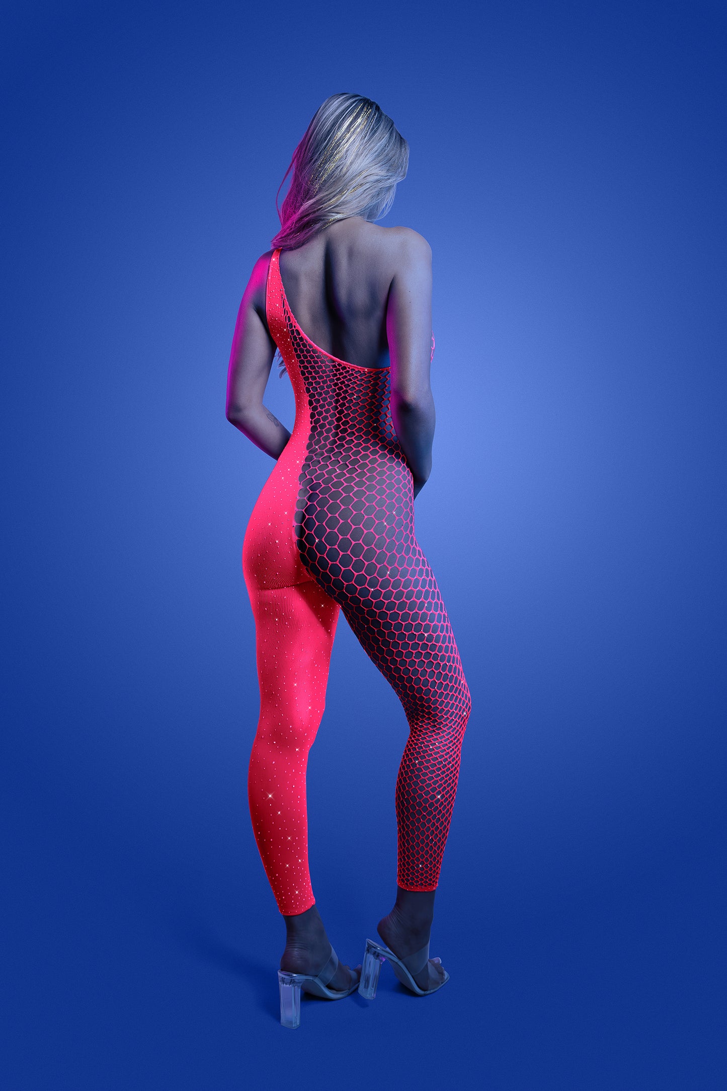 FL-GL2554 HYPERDRIVE UV reactive rhinestone knit asymetrical bodystocking