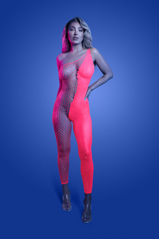 FL-GL2554 HYPERDRIVE UV reactive rhinestone knit asymetrical bodystocking