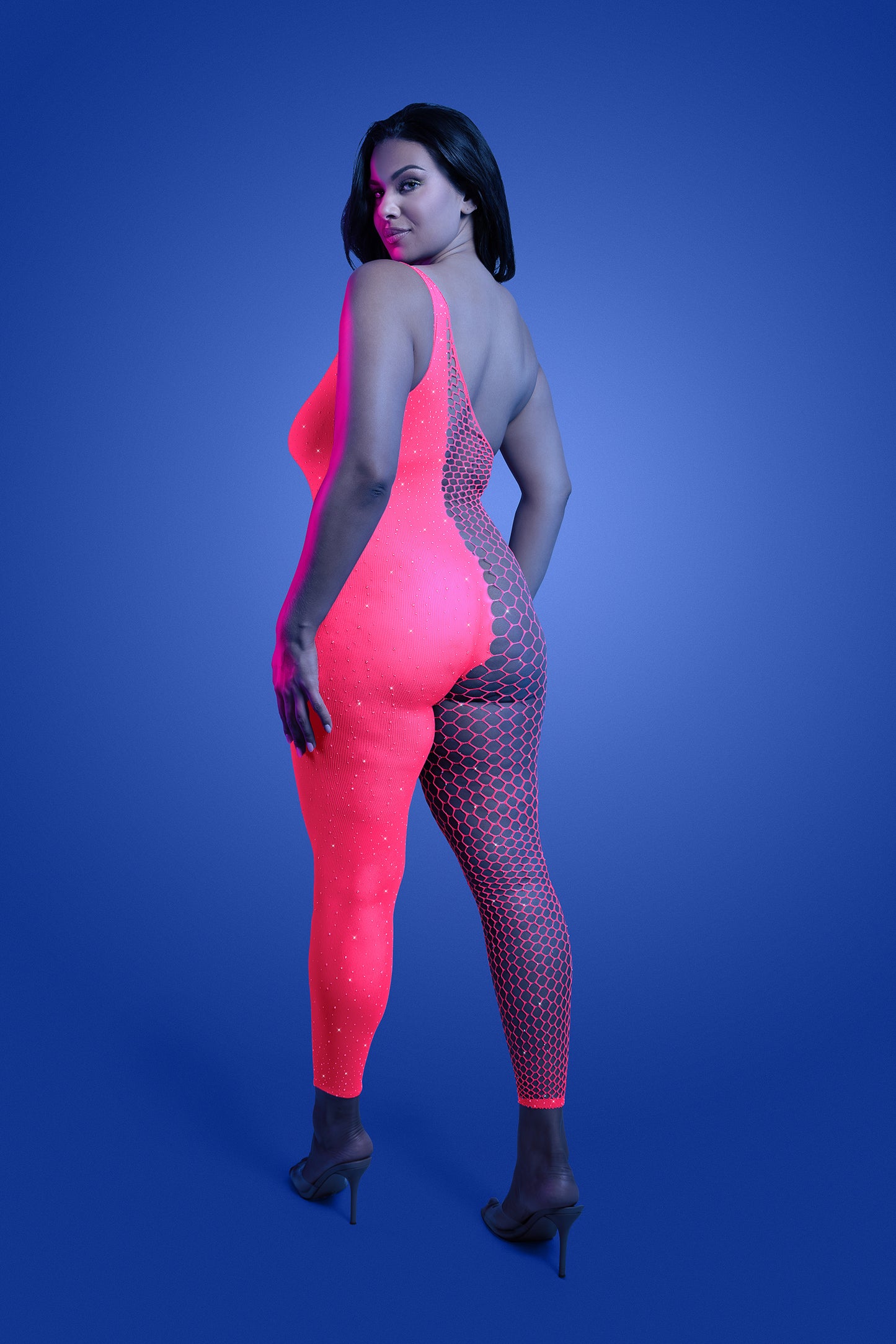 FL-GL2554 HYPERDRIVE UV reactive rhinestone knit asymetrical bodystocking