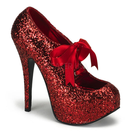 Red Glitter 5 3/4 Heel, 1 3/4 Hidden PF Glitter Pump W/Ribbon Bow