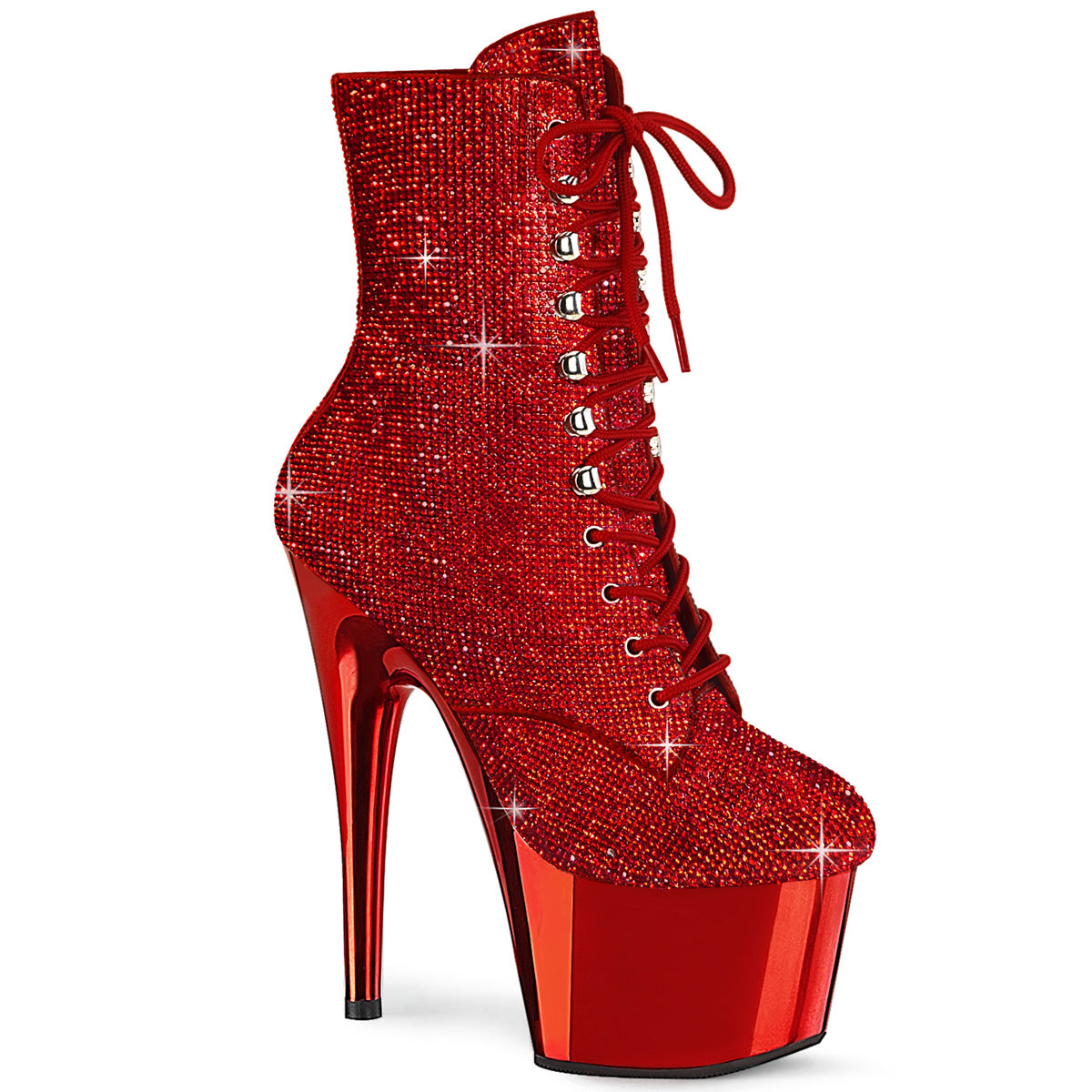 Adore-1020CHRS Pleaser Red Rhinetstone Bling Chrome Platform Boots