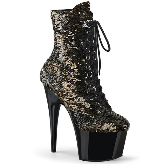 ADORE-1020SQ Pleaser Black-Gold Flip Black Pole Dancing Ankle Boots