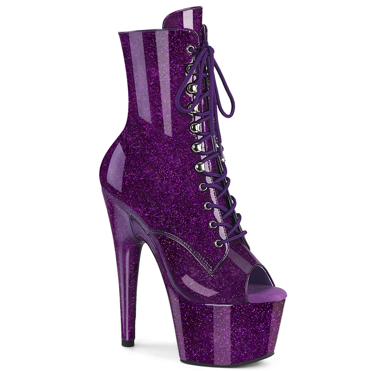 Adore-1021GP Pleaser Purple Glitter Lace Lace Up Platform Peep Toble Boots
