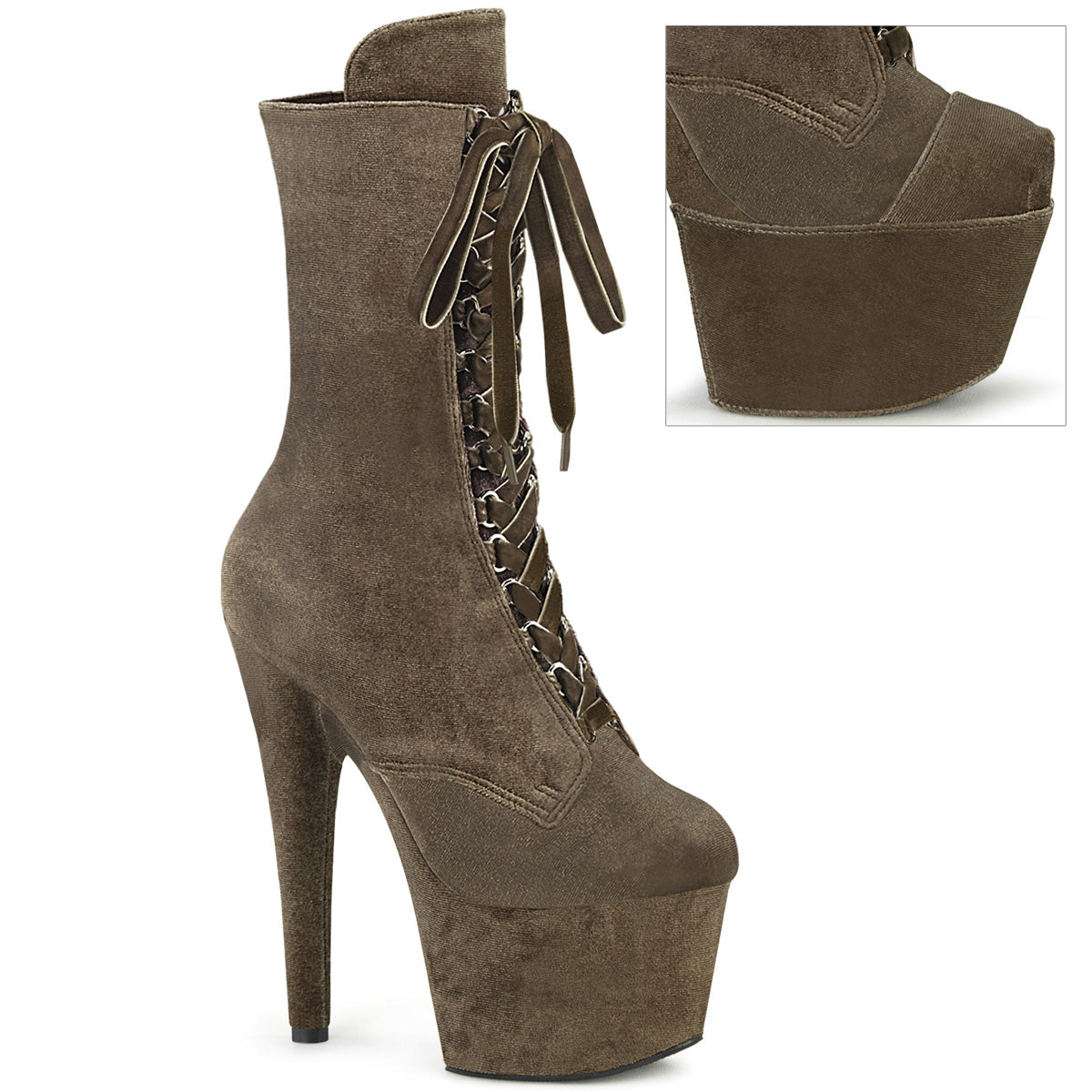 Khaki Velvet 7 Inch Erotic Platform Ankle Boots -  Pleaser ADORE-1045VEL