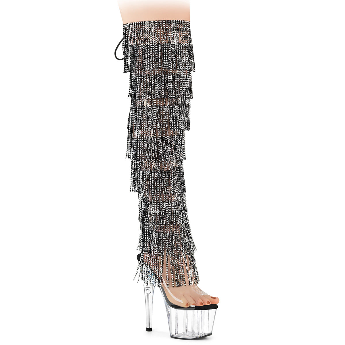 ADORE-3019C-RSF Pleaser 7 Inch Heel Black Bling Fringe Pole Dancing Thigh High Boots