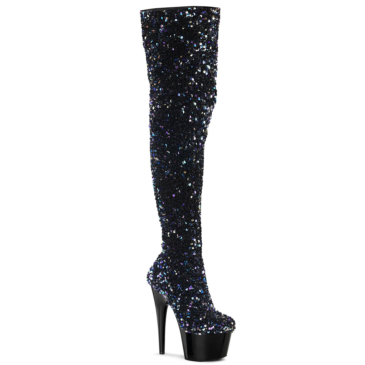 Adore-3020 Pleasers Black Sequin Exotic Dancing Thigh Boots High Boots