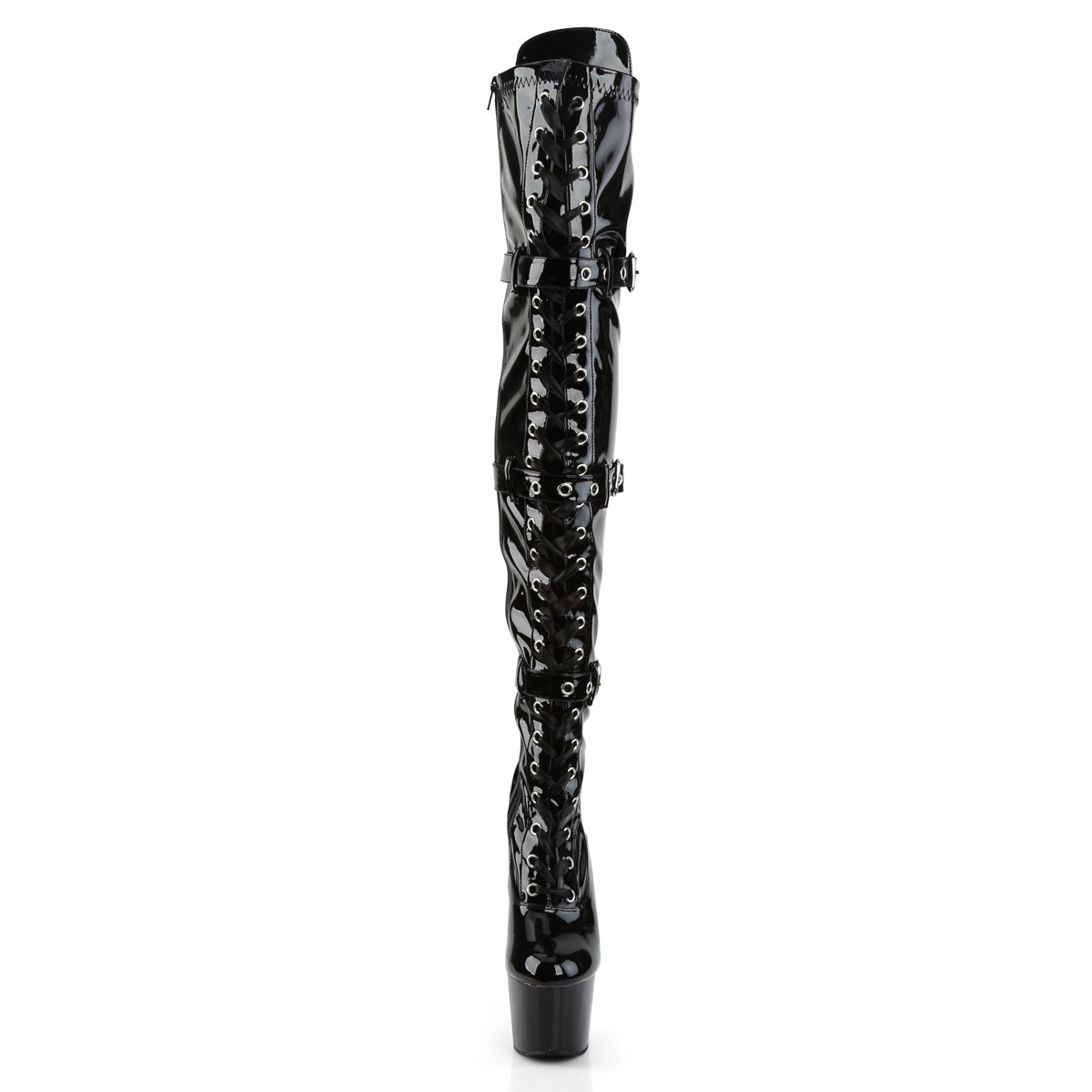 ADORE-3028 Pleaser 7" Black Stretch Patent Pole Dancer Kinky Thigh High Boots