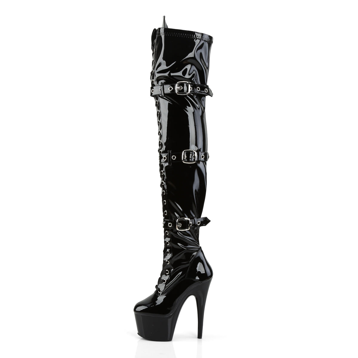 ADORE-3028 Pleaser 7" Black Stretch Patent Pole Dancer Kinky Thigh High Boots