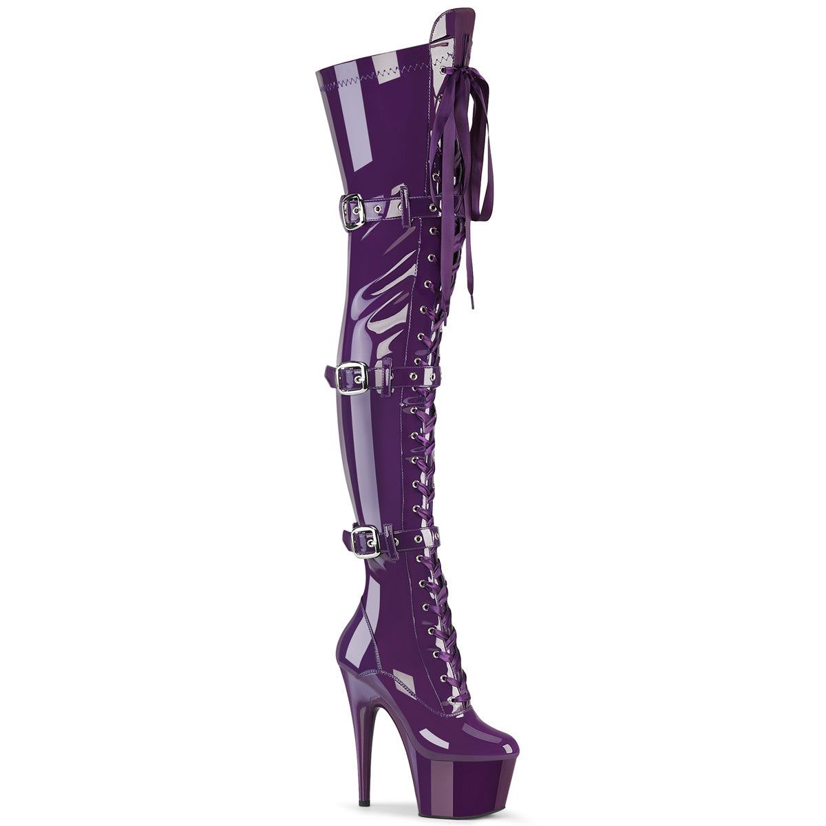 ADORE-3028 Pleaser Purple Patent Lace Up Front Buckle Detail Thigh High Boots