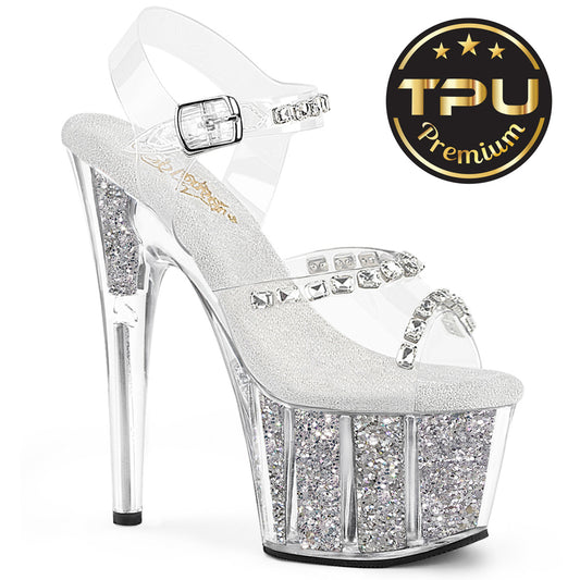 ADORE-708PREM-STNG Pleaser Rhinestone Embellishments with Silver Glitter Platform Heels