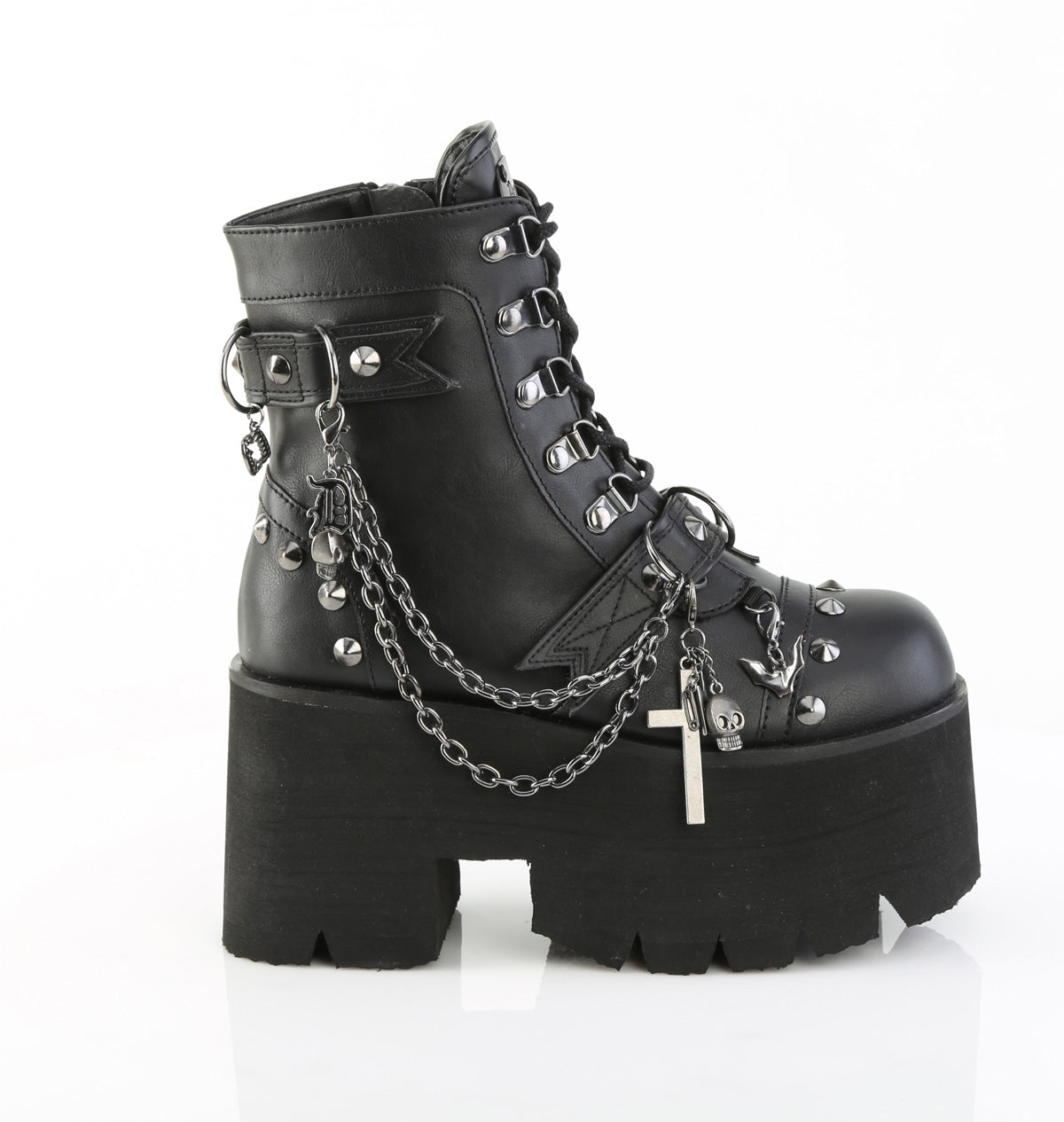 ASHES-52 Demonia Blk Vegan Leather Alternative Footwear Chunky Ankle Boots