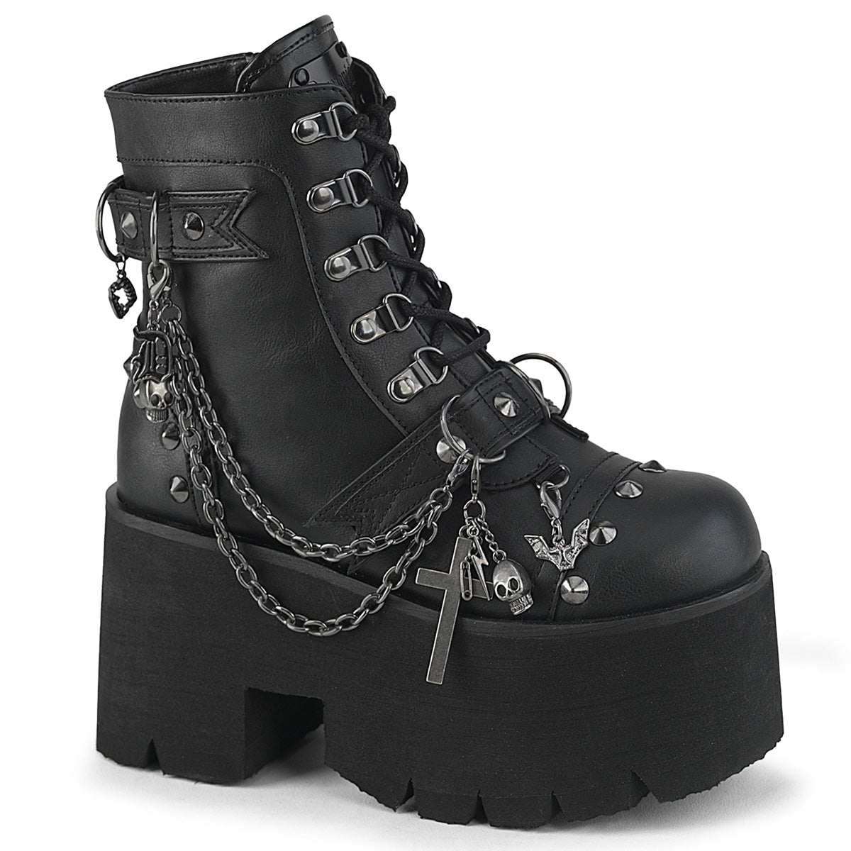 ASHES-52 Demonia Blk Vegan Leather Alternative Footwear Chunky Ankle Boots