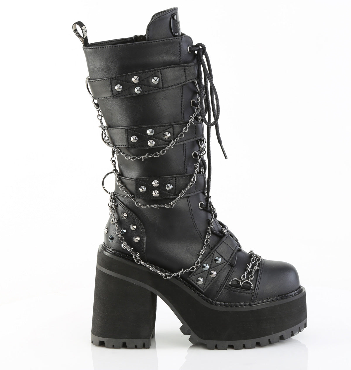 ASSAULT-117 Demonia Blk Vegan Leather Alternative Footwear Knee High Chunky Boots