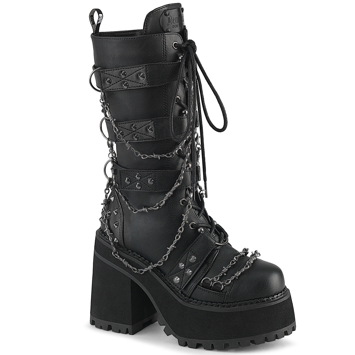 ASSAULT-117 Demonia Blk Vegan Leather Alternative Footwear Knee High Chunky Boots