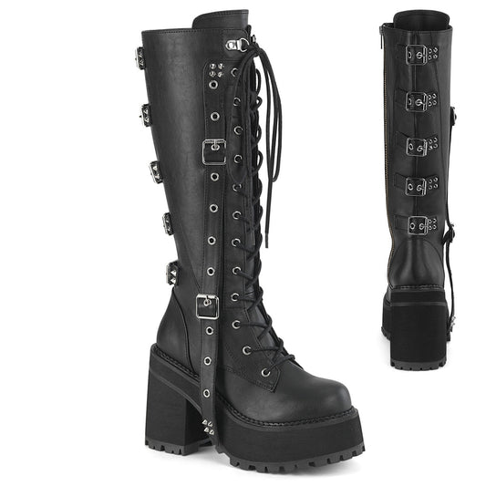 ASSAULT-218 DemoniaCult Women's Alternative Fashion Lace Up Black Knee High Boots