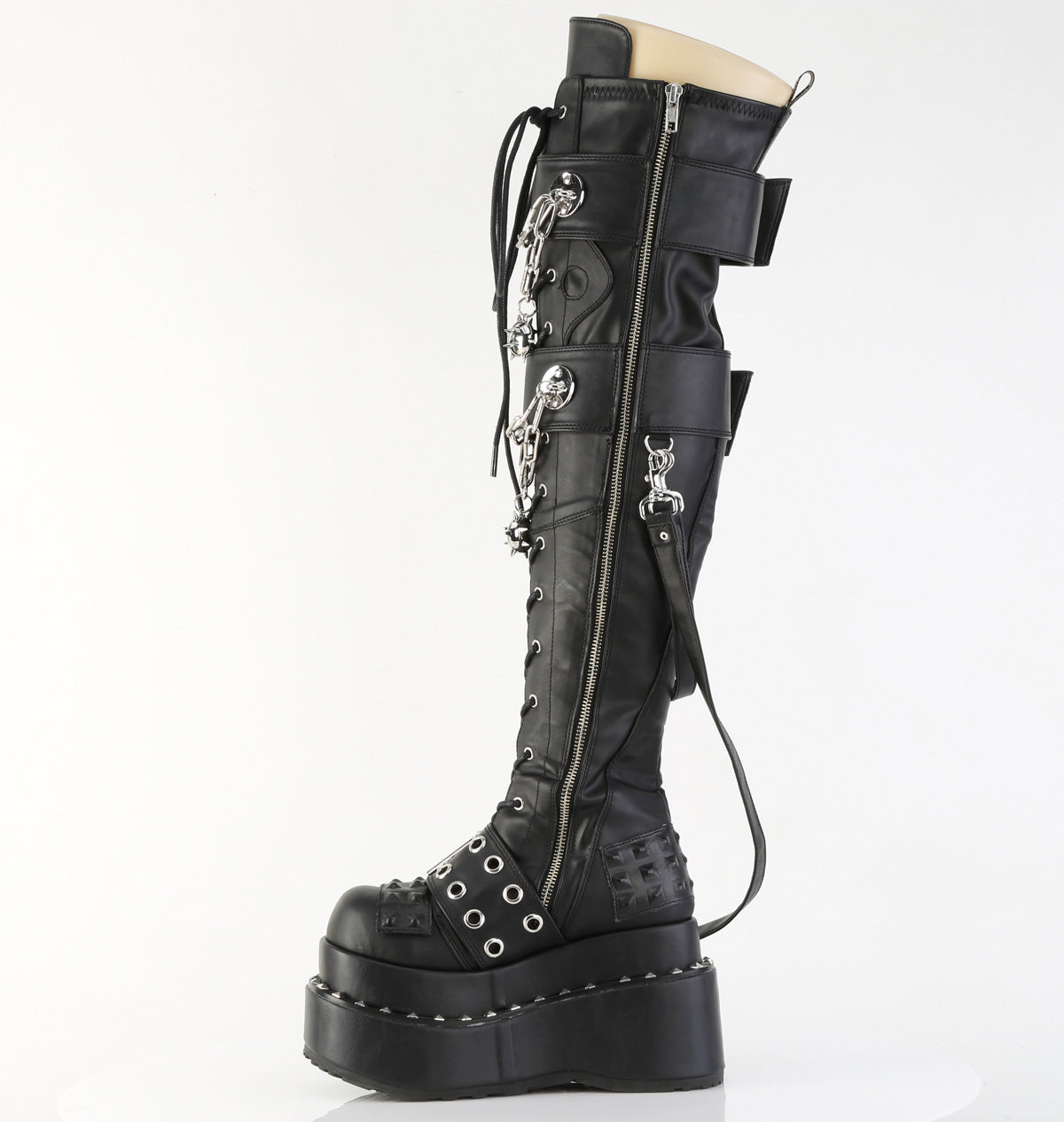 BEAR-316 Demonia Blk Vegan Leather Alternative Footwear Knee High Lace Boots