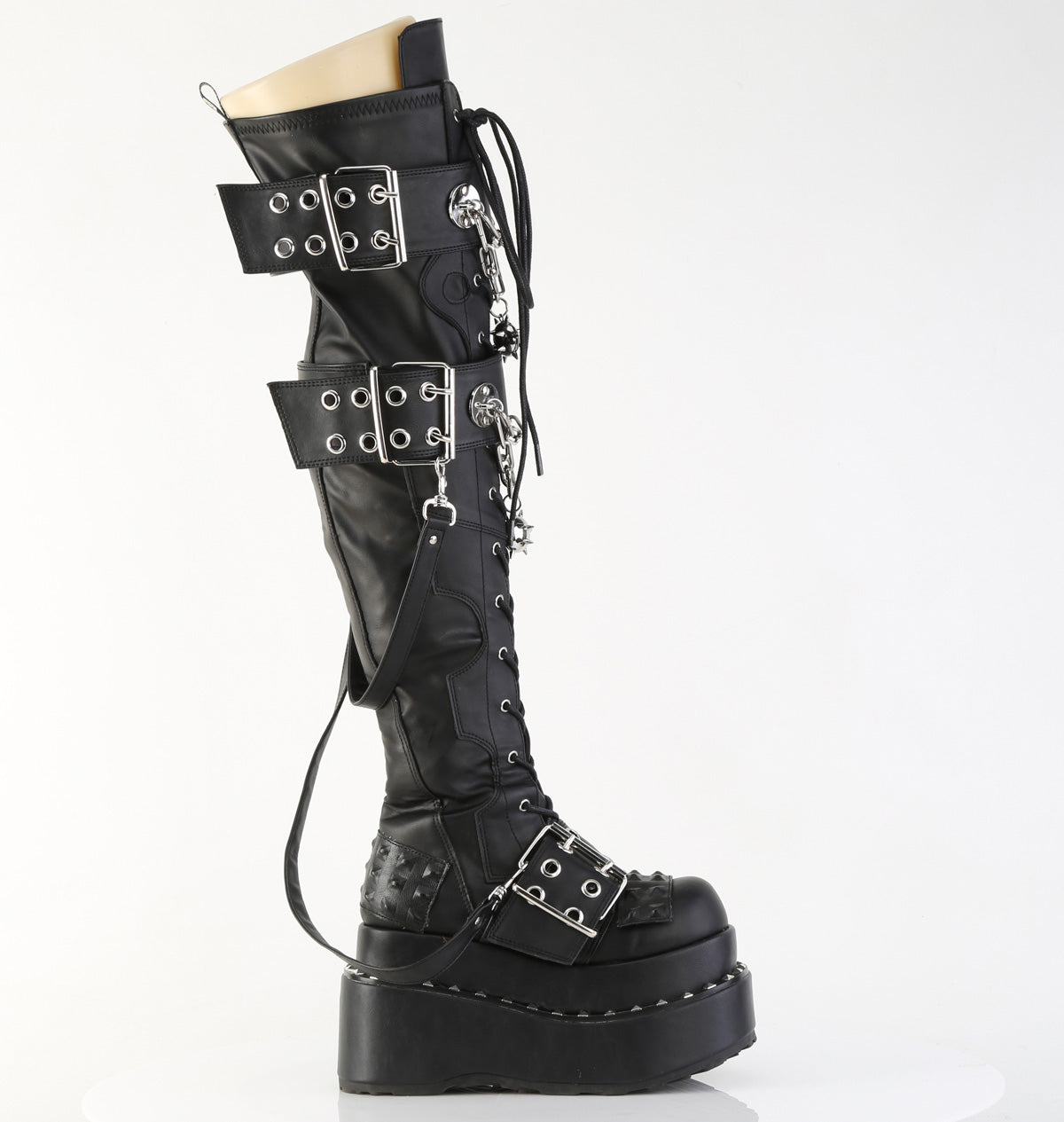 BEAR-316 Demonia Blk Vegan Leather Alternative Footwear Knee High Lace Boots