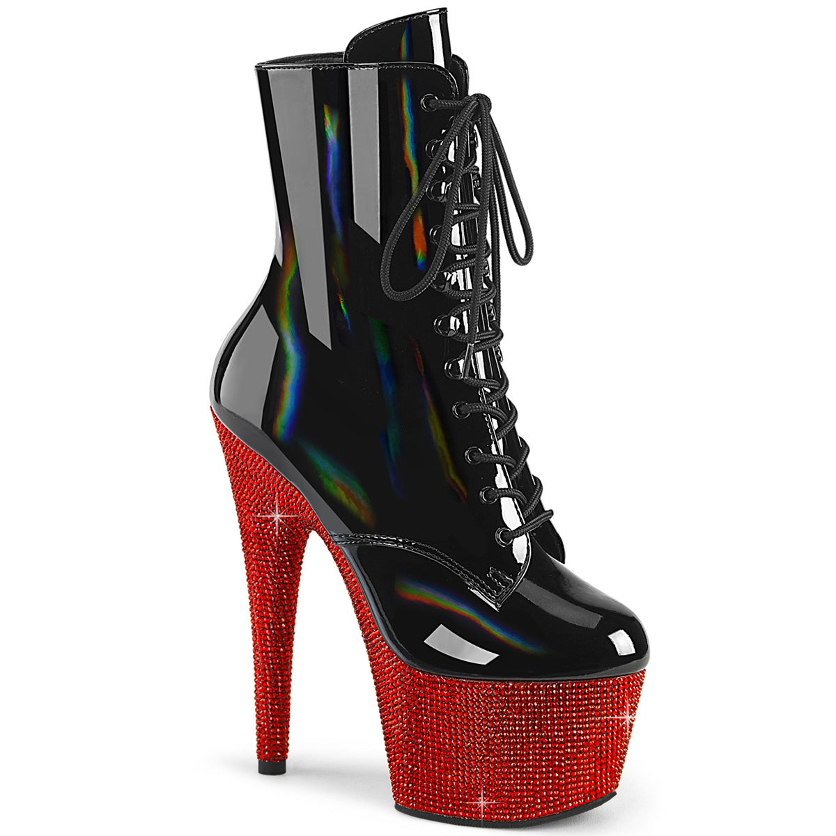 Bejeweled-1020-7 Pleaser Blk Holo Pat/Red RS Platforms Anlke Boots (baile exótico)