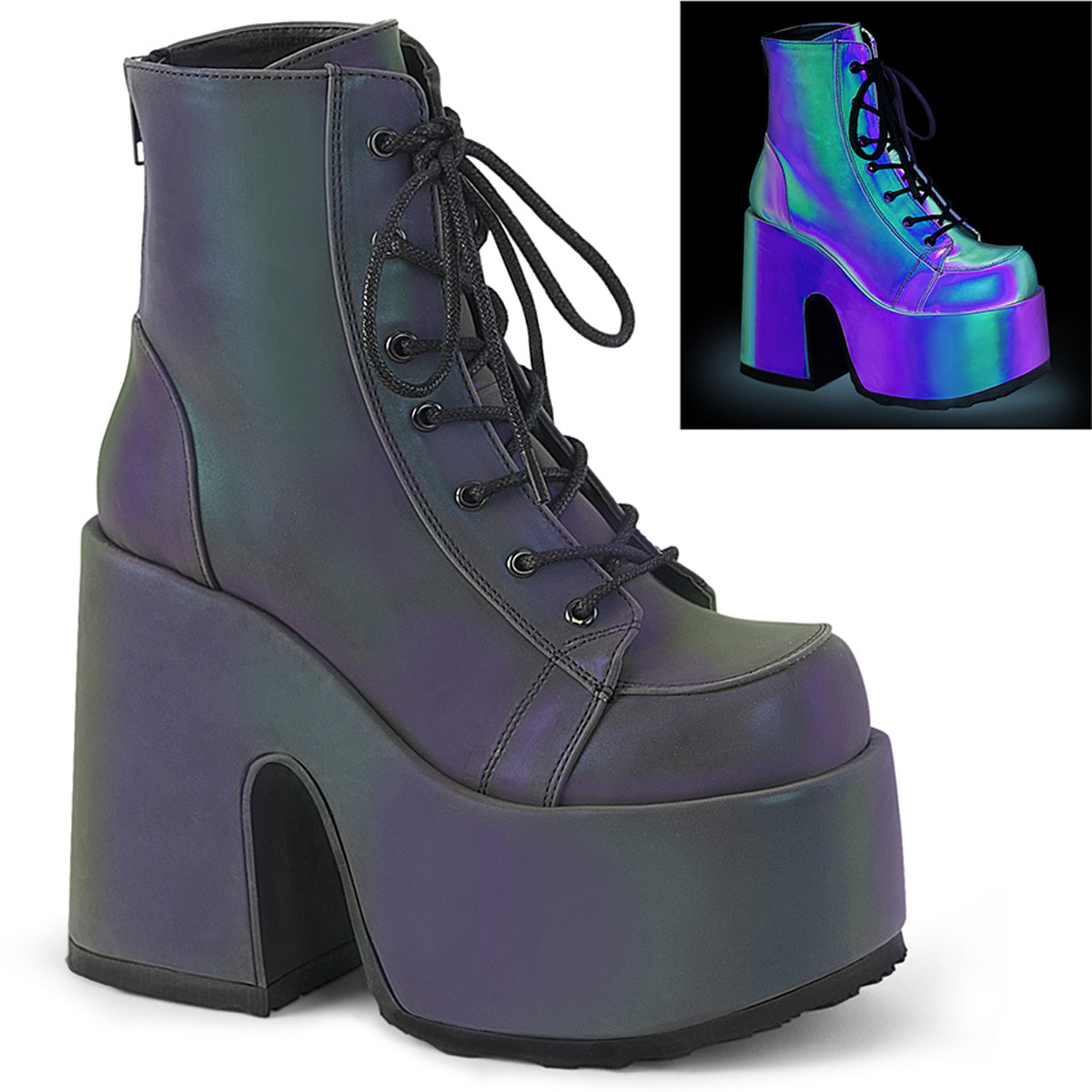 Green Multi Reflective 5 Inch Alternative Women's Ankle Boots -  Demonia Cult CAMEL-203