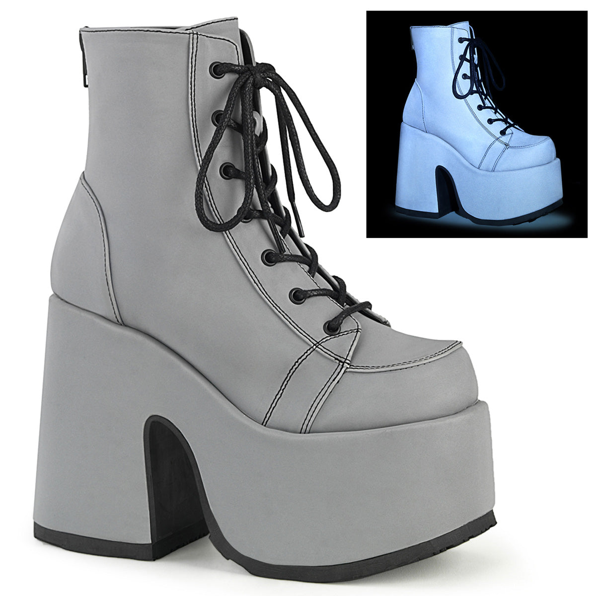 CAMEL-203 Alternative Footwear Demonia Women's Ankle Boots Grey Reflective Vegan Leather