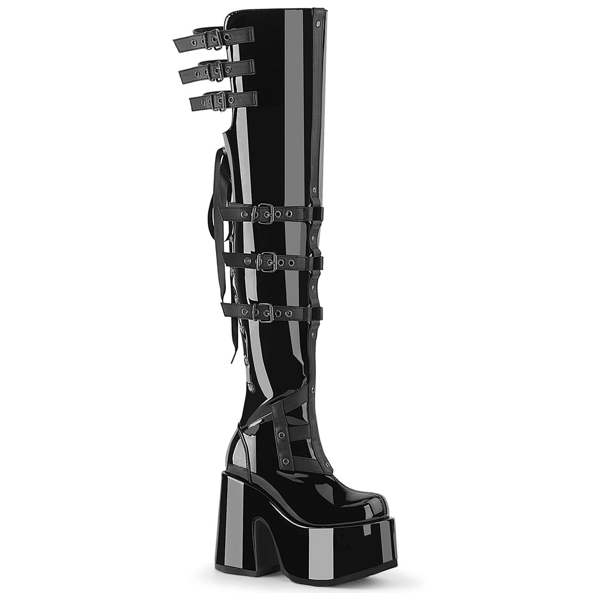 CAMEL-308 Demonia Back Ribbon Lace-Up Thigh-High Chunky Boot
