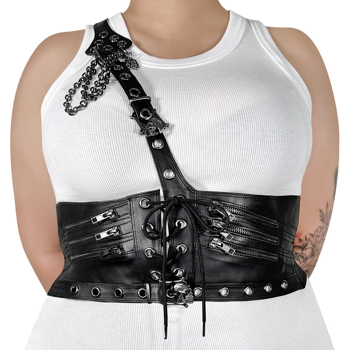 DA-105-LXL Demonia Blk STR Faux Leather alternatief faux lederen taille harnas