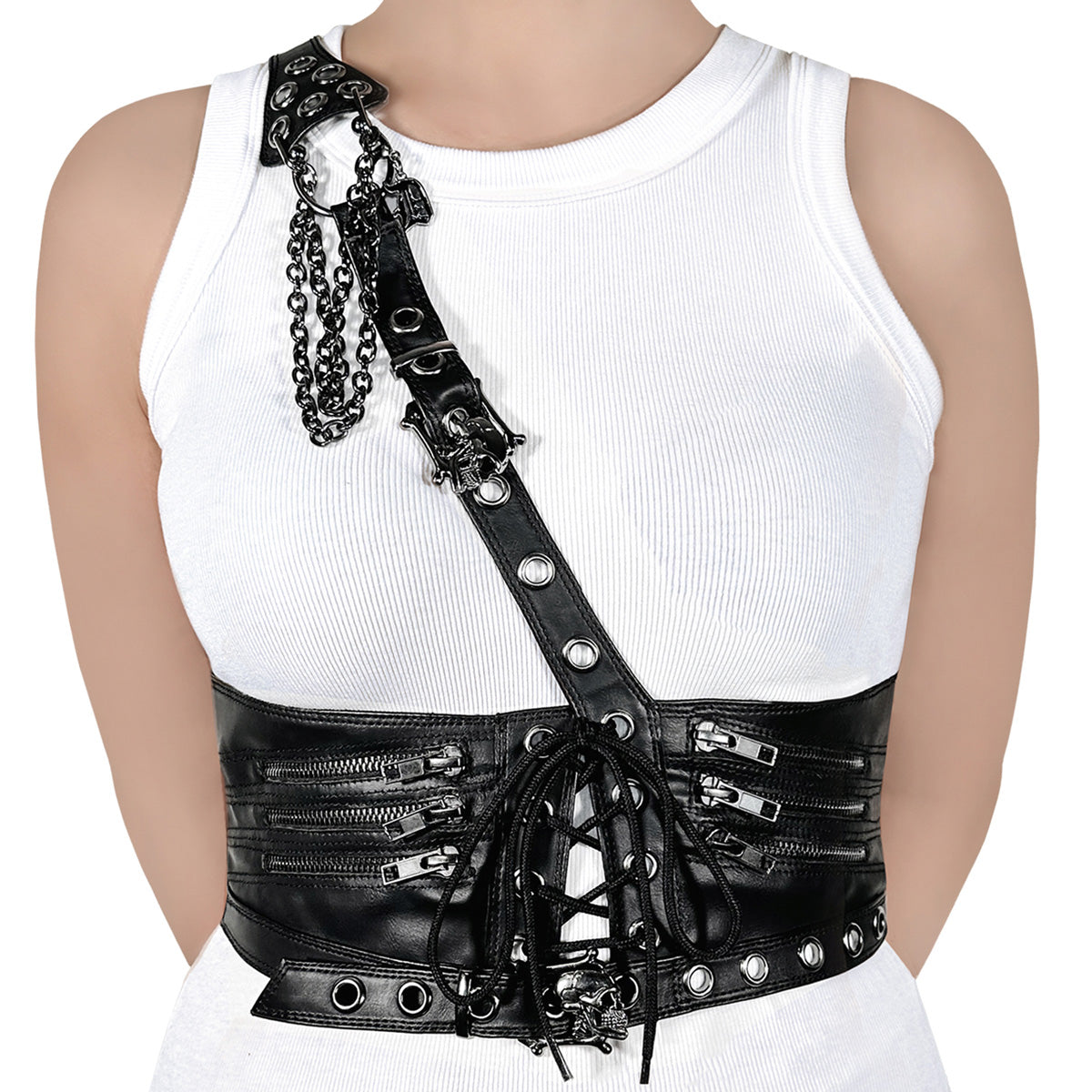 DA-105-SM demonia blk straf lederen alternatief faux lederen taille harnas