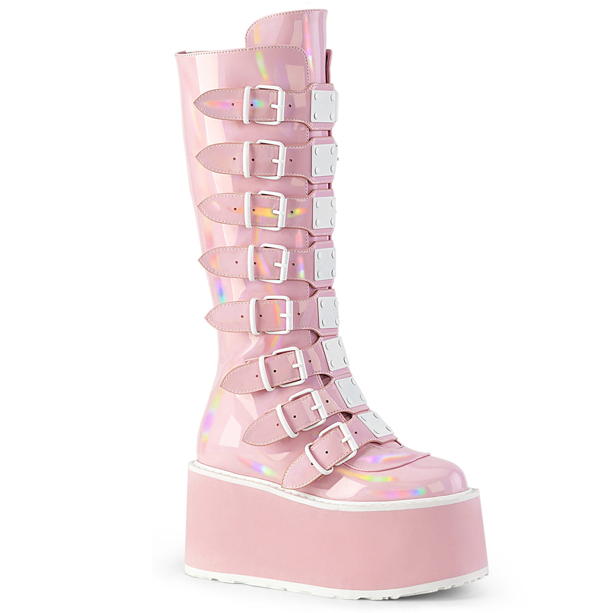 DAMNED-318 Demonia Alternative Pink Holo Calf High Platform Boots