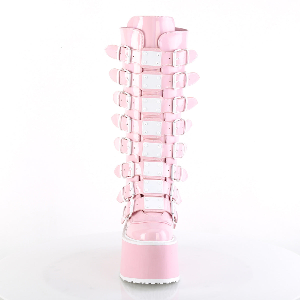 DAMNED-318 Demonia Alternative Pink Holo Calf High Platform Boots