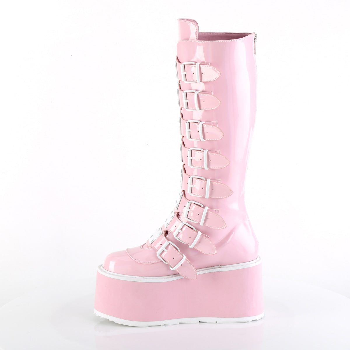 DAMNED-318 Demonia Alternative Pink Holo Calf High Platform Boots