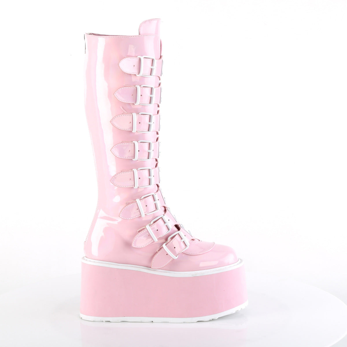 DAMNED-318 Demonia Alternative Pink Holo Calf High Platform Boots