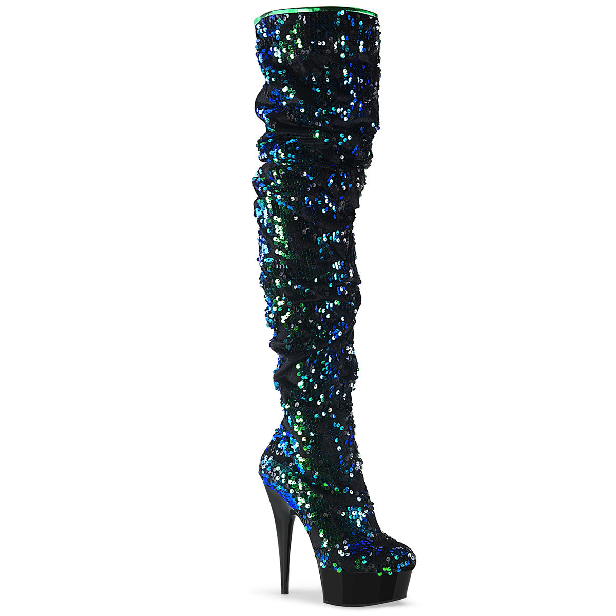 Green Sequins 6 Inch Stratement Thigh High -  Pleaser DELIGHT-3004