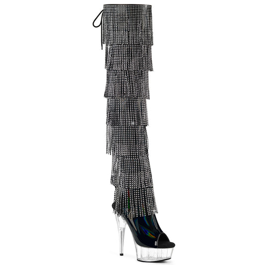 DELIGHT-3017HG-RSF Pleaser Black Holographic Bling Tassel Thigh High Boots