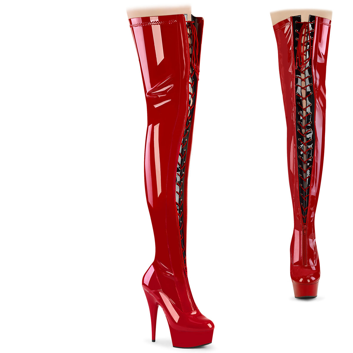 Delight-3027 Pleaser muslo Botas altas Red-Black Str. Plataformas Pat/Red (Baile Exotic)