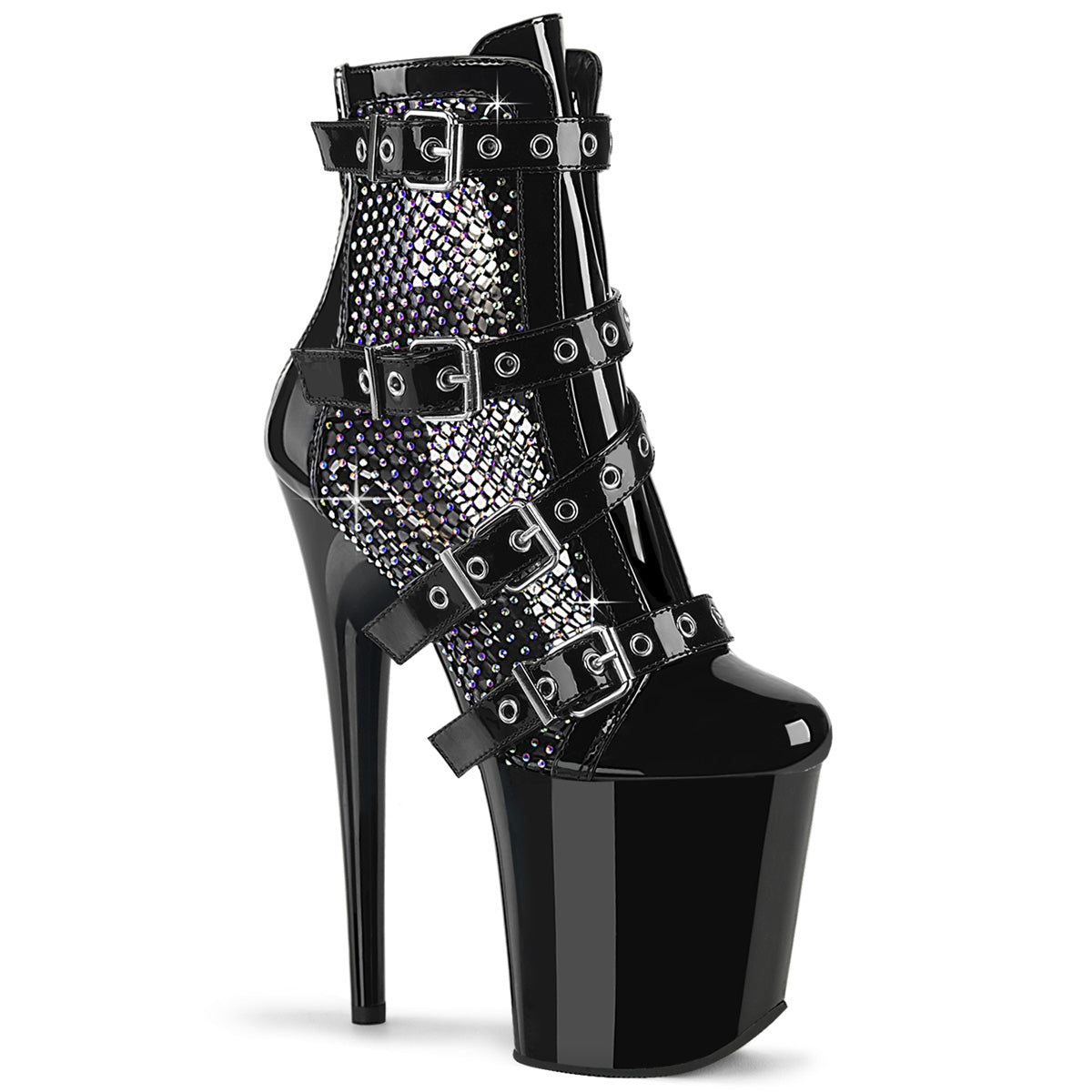 FLAMINGO-1013RM Pleaser Buckled Ankle Boots with Mesh Rhinestone Details
