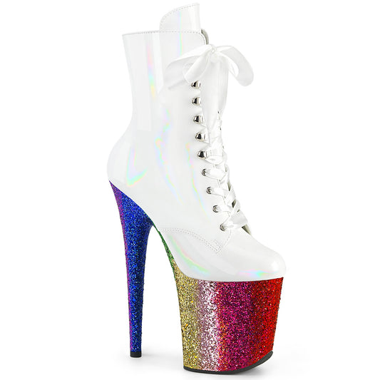 FLAMINGO-1020HG White Pleaser Pole Dancing Ankle Boots with Glitter Heels