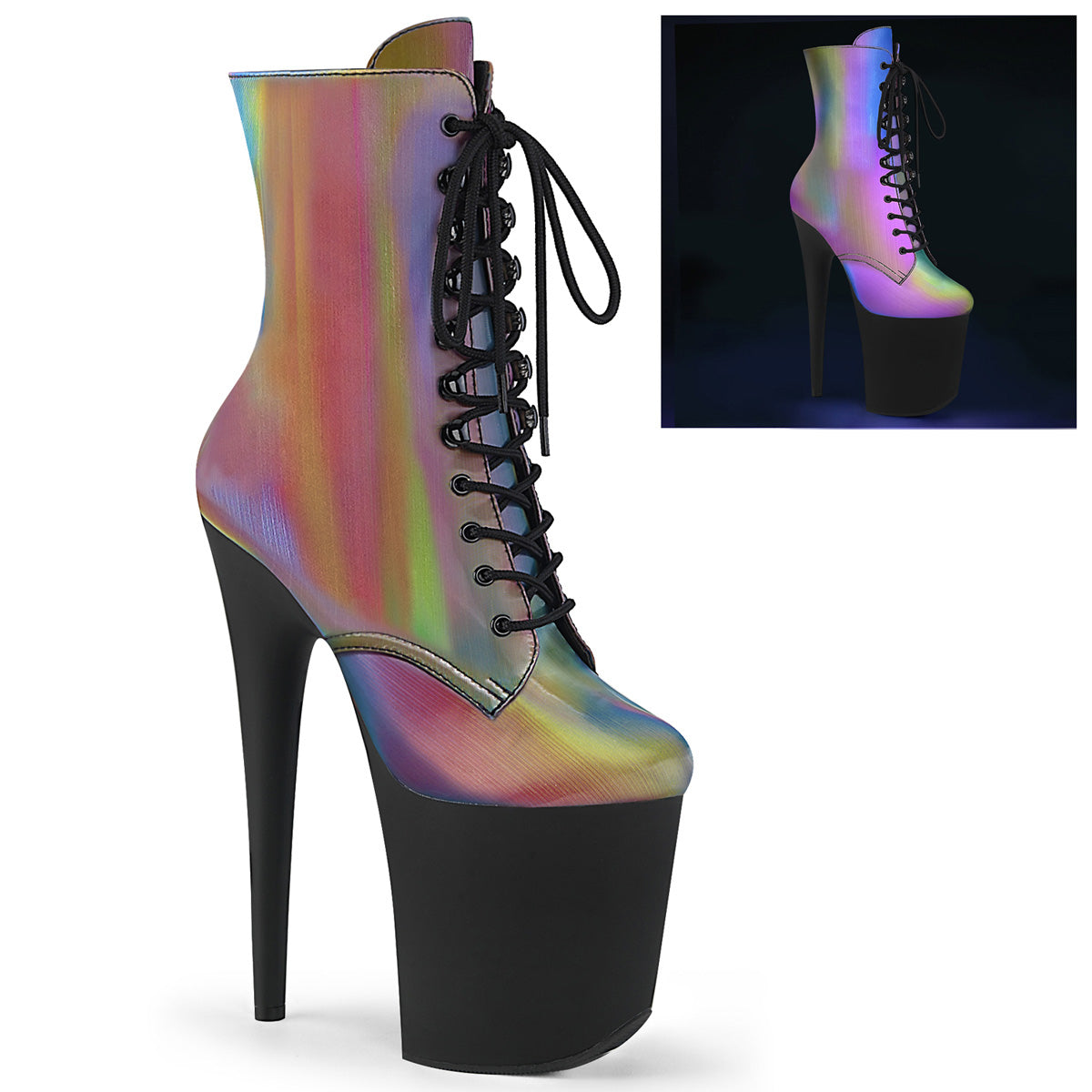 Rainbow 8 Inch Dancer Platform Ankle Boots -  Pleaser FLAMINGO-1020REFL