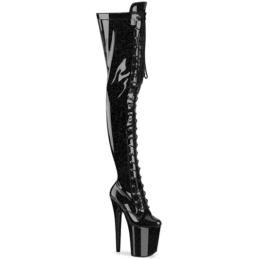 FLAMINGO-3020GP Pleaser Black Patent Lace Up Thigh High Boots