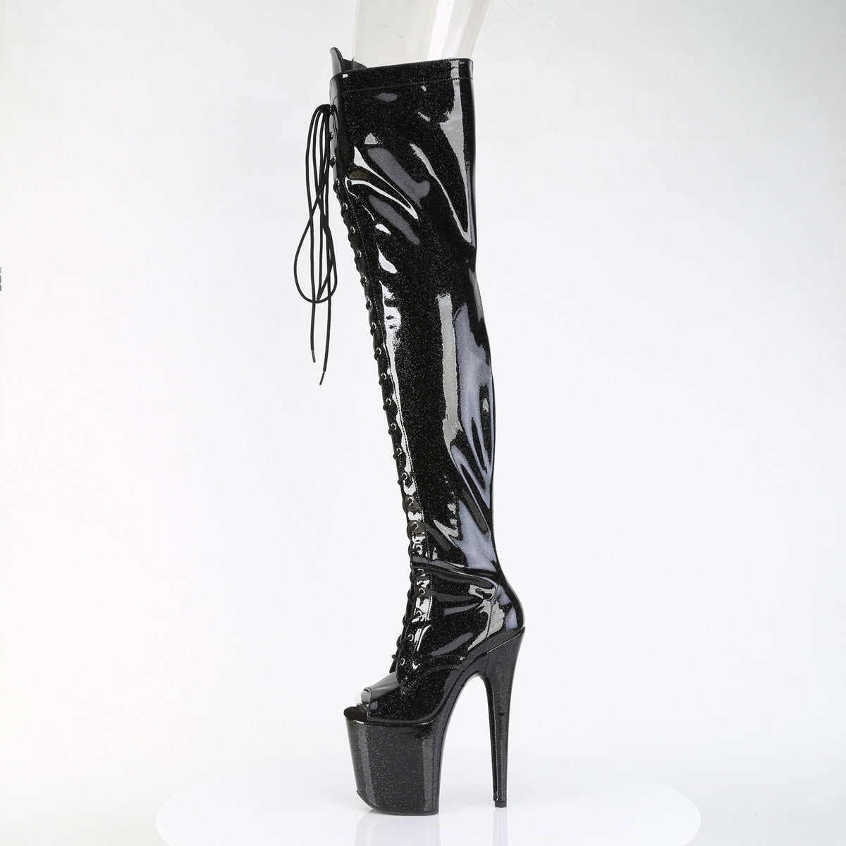 FLAMINGO-3021GP Pleaser Black Glitter Patent Lace Up Thigh High Boots