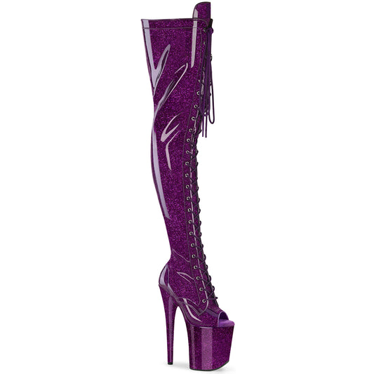 FLAMINGO-3021GP Pleaser Purple Glitter Patent Peep Toe Thigh High Boots