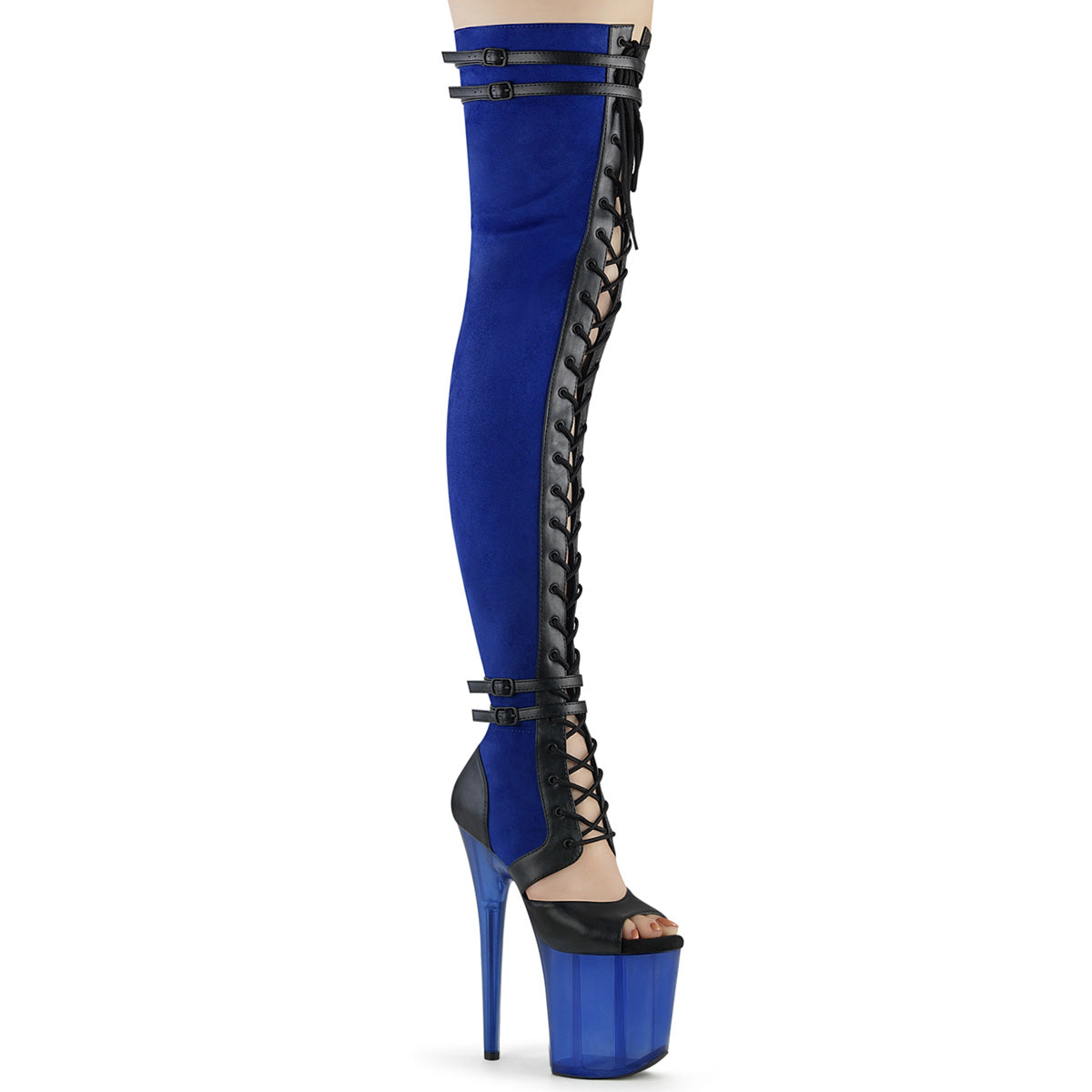Blue 8 Inch Pole Heels Thigh Length Boots -  Pleaser FLAMINGO-3027