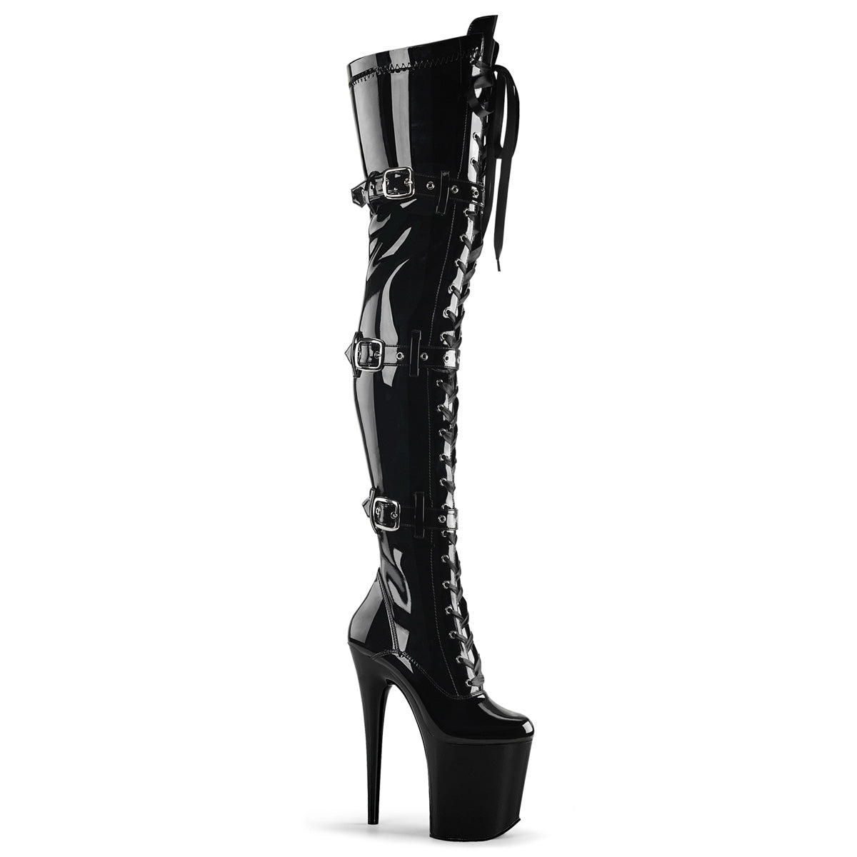 FLAMINGO-3028 8" Black Stretch Patent Pole Dancer Platform Shoes
