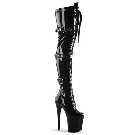 FLAMINGO-3028 8" Black Stretch Patent Pole Dancer Platform Shoes