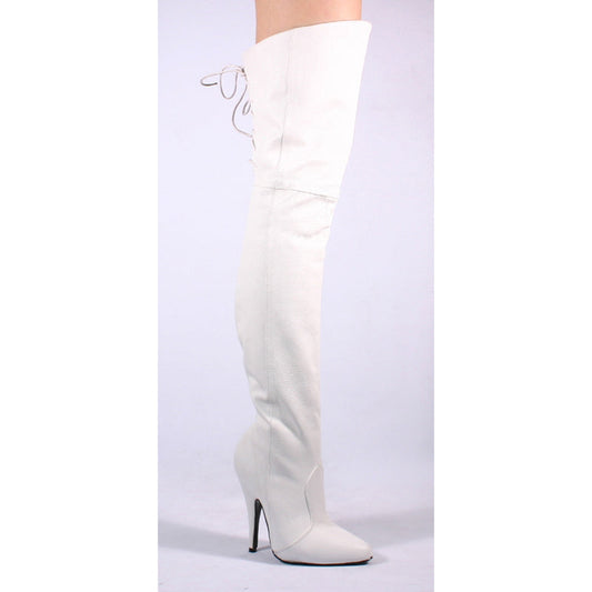 Pleaser LEG8899 White Leather Thigh Boots Discontinued with Defects Sale Stock