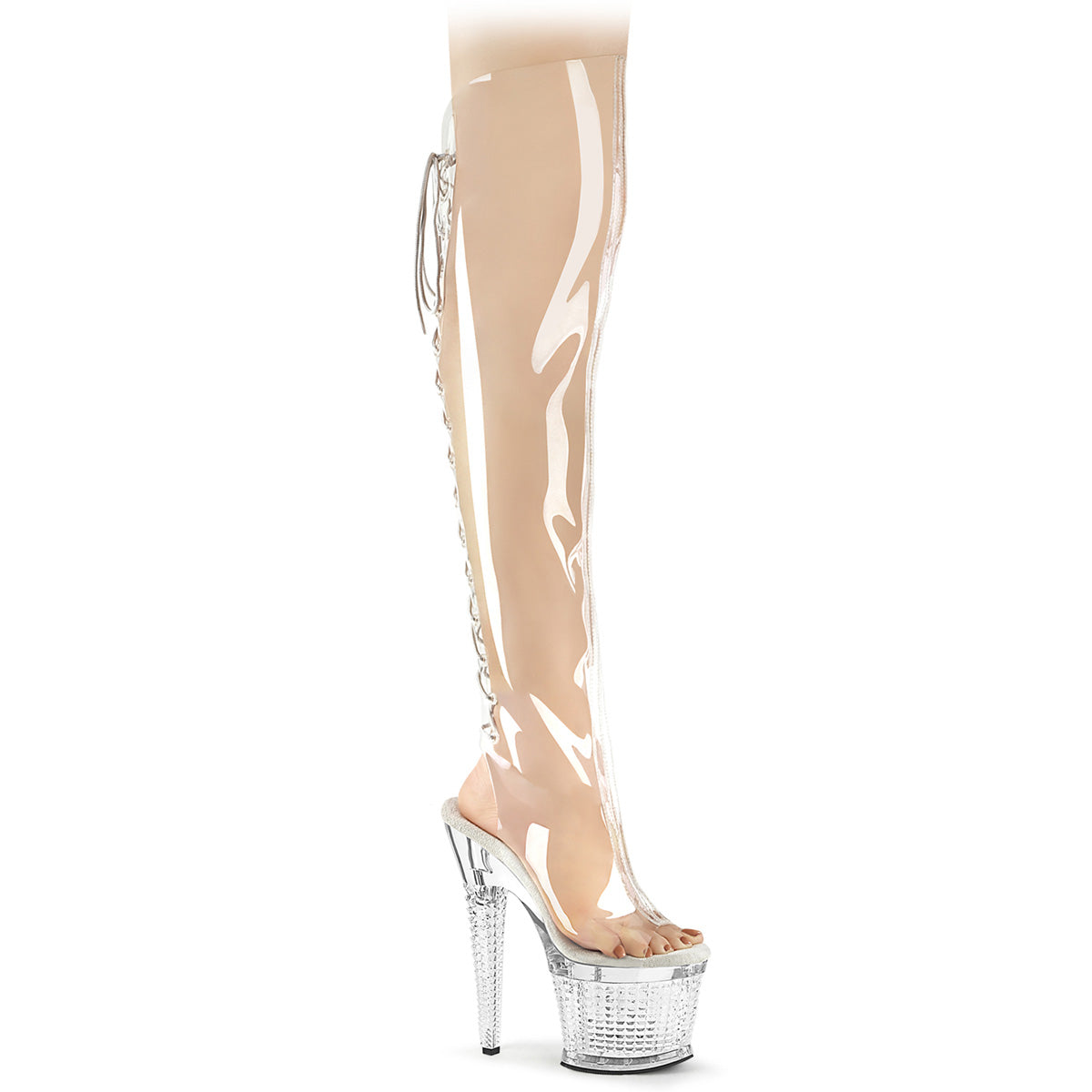Spectator-3019C Pleaser muslo botas de perspex claras altas
