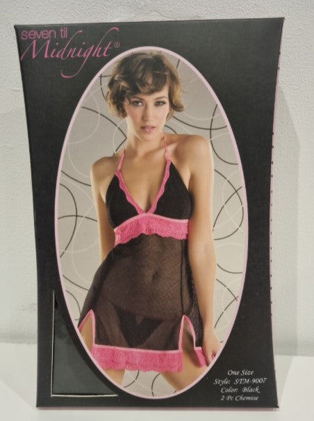 STM9007 Black Sheer Chemise with Pink Lace Trim